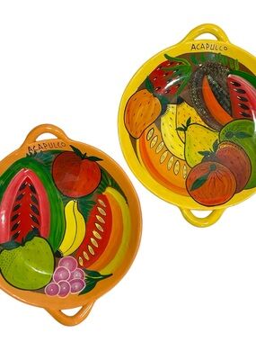 Vintage 1970s Talavera Hand Painted Pottery Wall Hanging Plates (2) Fruits